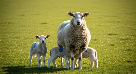 Fototapeta premium Sheep with lambs standing together in a green grass field under natural sunlight