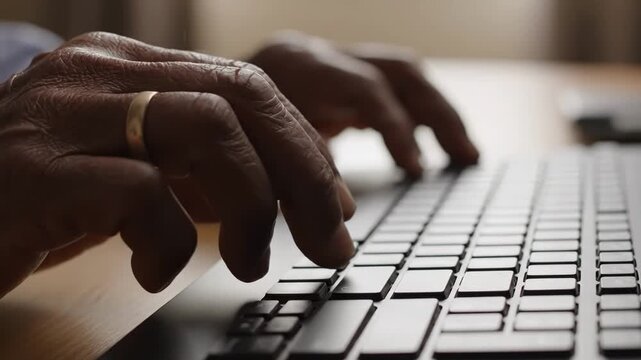 Closeup of a persons hand typing on a keyboard with a gold ring