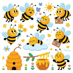 Fototapeta premium Cute Cartoon Bee Character Set with Honey Elements Adorable Honey Bee Vector Illustration Collection, Funny Bee Activities and Poses Flat Vector Pack. 