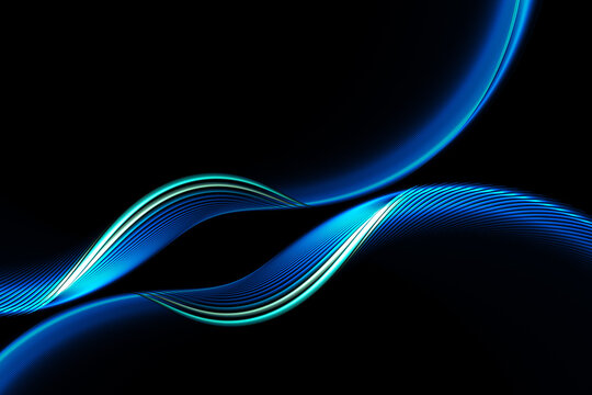 Glowing blue neon lines wave pattern on black background with copy space. 3D fractal render.