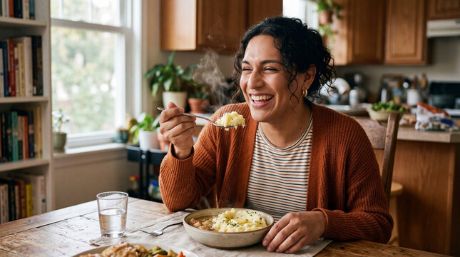 A contented individual savors a meal at a rustic table, illuminated by natural light and exuding warmth and domesticity.