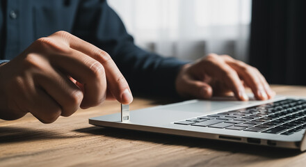 Fototapeta premium Close-up of a hand inserting a USB flash drive into a laptop on a wooden desk for data transfer.