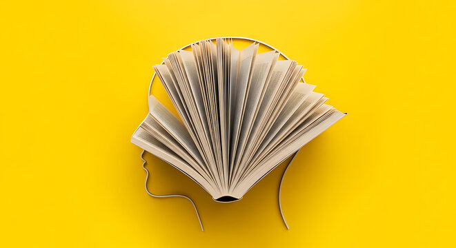 Open book forming a human head silhouette on bright yellow background.