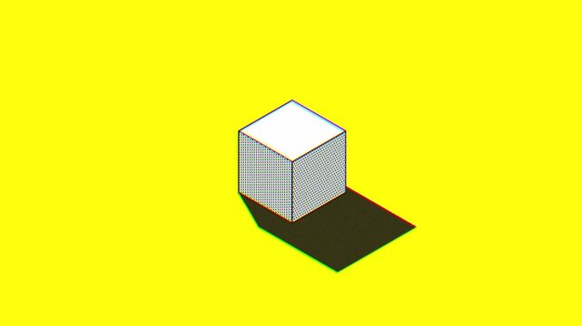 White cube with colorful chromatic aberration edges casting a sharp shadow on a flat yellow plane in a minimalist isometric design concept