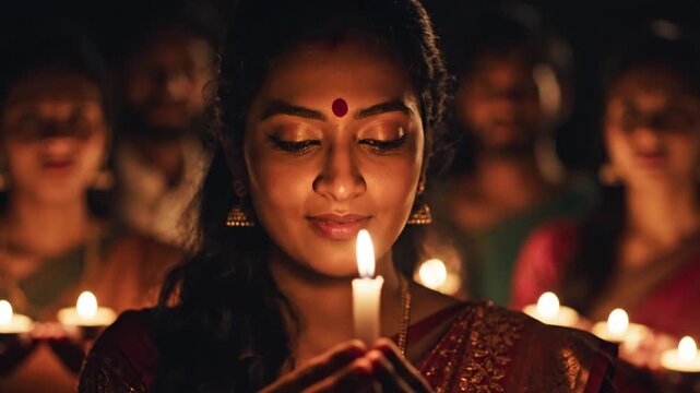 Smiling Indian woman holding lit candle in festive crowd