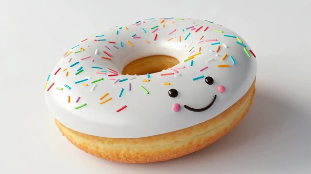 Cute donut frosting dessert sweet pastry snack with kawaii sprinkle character floating minimal