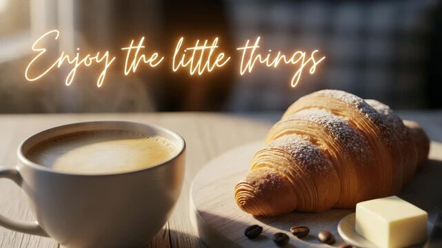 A warm cup of coffee and a fresh croissant with butter sit invitingly on a wooden table, accompanied by the uplifting text "Enjoy the little things."