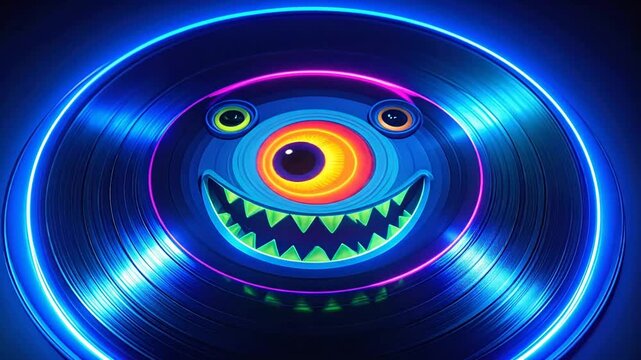 Neon Monster Face on Vinyl Record.