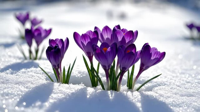 Purple crocus flowers emerging from snow on a sunny day isolated on white background