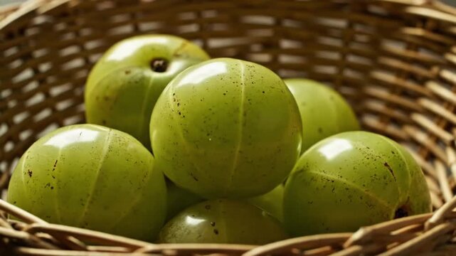 Fresh Indian Gooseberries Amla in Wicker Basket