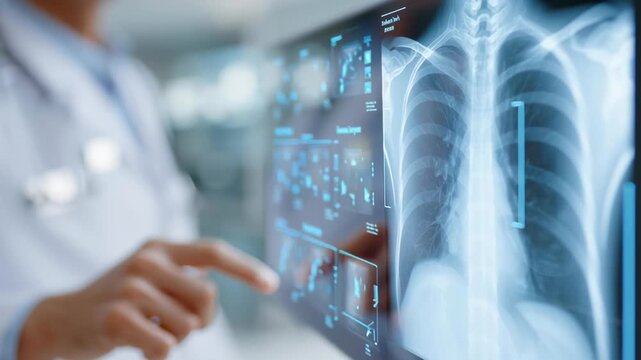 Doctor touches glowing tumor on digital X-ray screen. Hand interacts with medical data on a transparent display. Image highlights advanced diagnostic technology in use. Framed for healthcare, tech