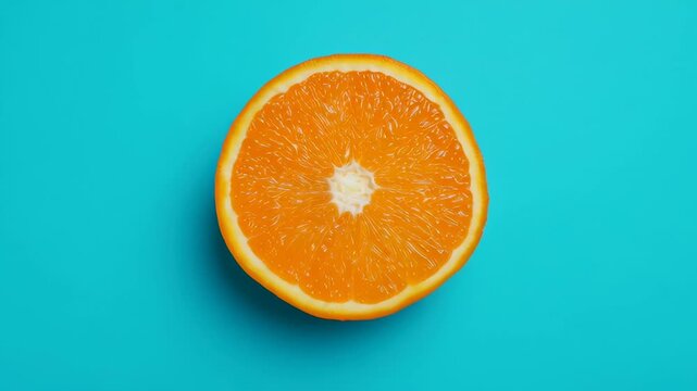 Orange citrus fruit slice half on turquoise blue background vibrant juicy citrus fruit