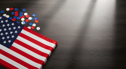 Obraz premium American flag with red, white, and blue confetti on a dark wooden background with dramatic lighting and copy space.