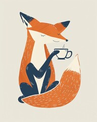 Obraz premium a fox drinking tea - minimalist naive folk illustration