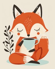 Obraz premium a fox drinking tea - minimalist naive folk illustration