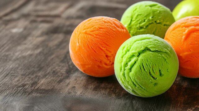 Colorful ice cream scoop dessert orange sorbet green sorbet frozen sweet snack on wood
