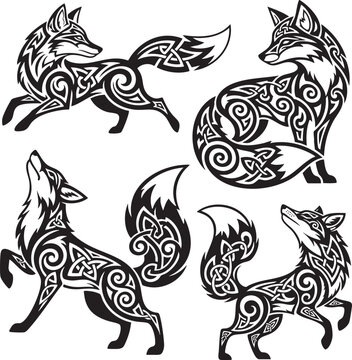 Fox tattoo silhouette Set Vector illustration eps collection fantasy animal