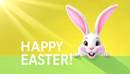 Fototapeta premium Happy Easter Greeting Graphic Featuring a Cute Cartoon Bunny Smiling Behind a Green Sign on a Sunny Yellow Background
