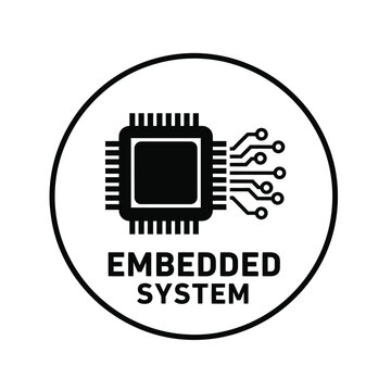 A bold black and white circular icon depicts a microchip with connections and the text embedded system below it high quality professional detailed modern elegant stylish