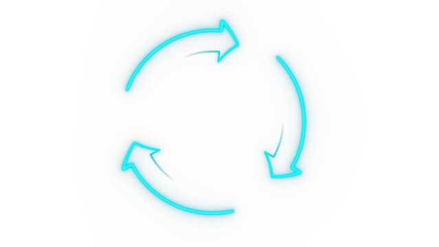 Futuristic glowing blue recycling symbol with three rotating arrows, recycling cycle concept