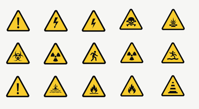 Collection of Yellow Warning Signs: Danger, Hazard, Caution, Safety Symbols