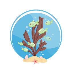 Obraz premium A colorful summer composition with fish, seaweed, starfish, and shells. Vector graphics.