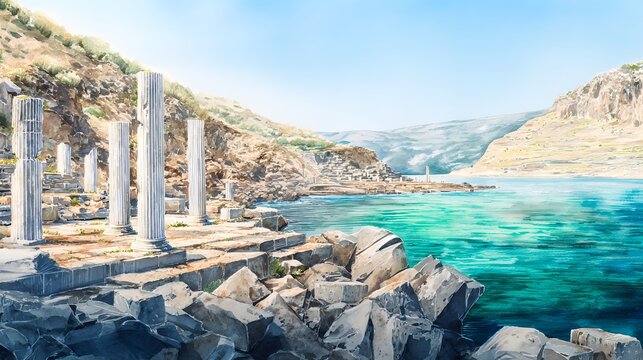 Ancient Dat&ccedil;a Knidos ruins watercolor illustration serene turquoise sea weathered stone cliffs historic landscape