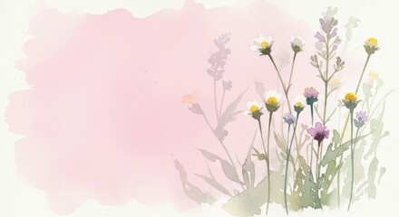 Fototapeta premium Delicate Wildflowers Against a Soft Pink Watercolor Background with Subtle Leaf Silhouettes