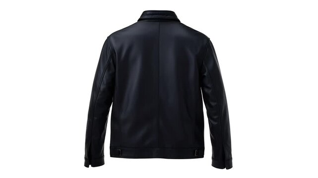 A sleek, stylish black leather jacket, exuding timeless elegance and modern sophistication. The jacket is displayed against a clean background, highlighting its design and details
