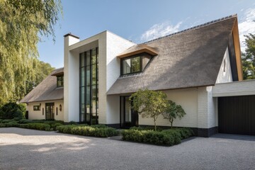 Family house stands in a quiet area with a unique design, large windows, and green plants in front during a sunny day, offering a modern yet traditional look to the neighborhood
