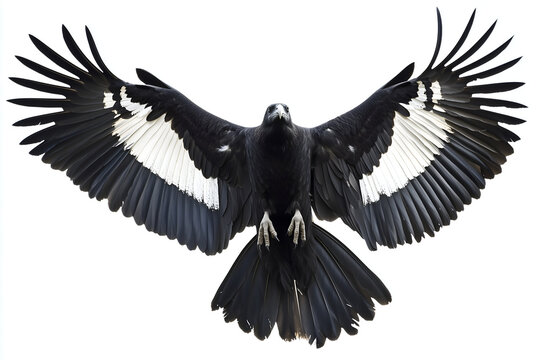 Black raven crow flying towards camera with spread wings isolated on white background