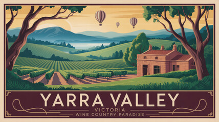 Naklejka premium Serene yarra valley landscape with hot air balloons floating above lush vineyards and a rustic house