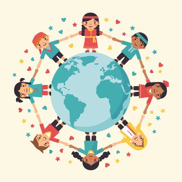 Children of the world holding hands around the globe.