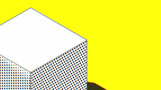 Corner view of a white geometric cube casting a sharp shadow onto a yellow floor in a high contrast minimalist architectural and graphic art style