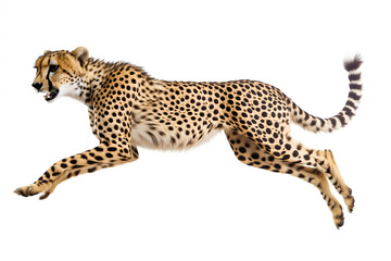 Fototapeta premium Fast cheetah sprinting and jumping side profile view isolated on white background