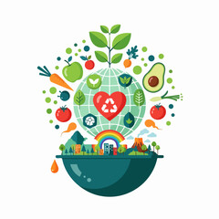 Fototapeta premium Healthy Planet Earth with Fruits Vegetables and Heart Symbol.