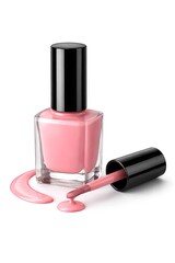 A bottle of pink nail polish with the cap off and brush out