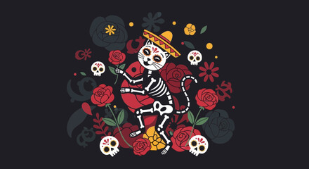 Fototapeta premium Day of the Dead Cat Skeleton Dancing with Flowers and Skulls