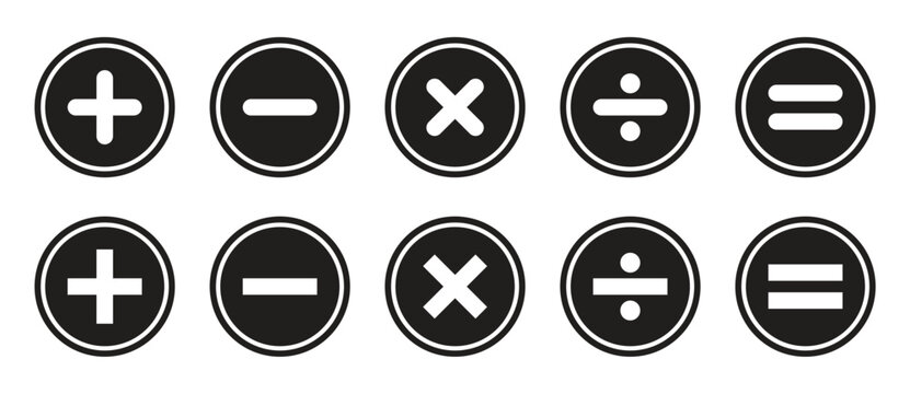 Basic Math Symbols Round Button Icon Set, Plus Minus Multiply Divide Equal Vector Icons