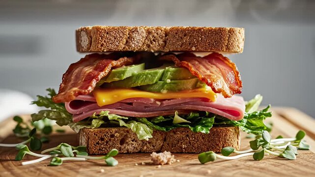 Steaming fresh sandwich with bacon, avocado, cheese, and ham