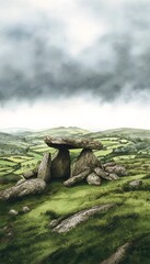 Ancient Irish Dolmen Serene Hillside Landscape Watercolor Illustration Historic Site Peaceful Country Vista
