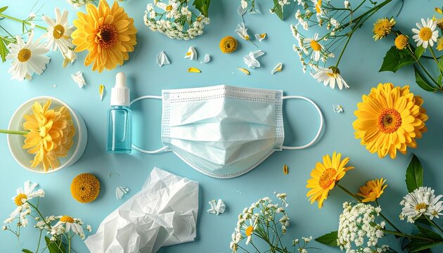 花粉症対策グッズのマスクと目薬とティッシュを春の花とともに並べたフラットレイ