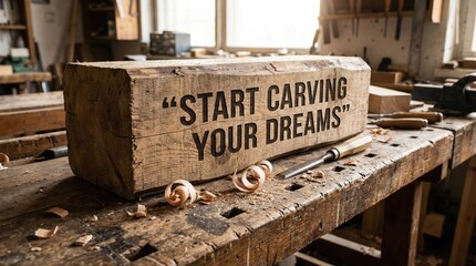 Wooden Block with Inspirational Carving Quote in Workshop