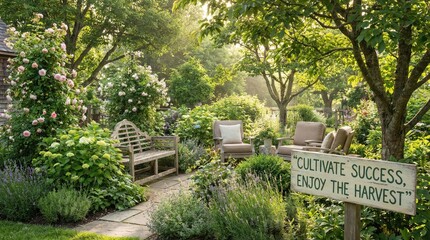 Fototapeta premium Tranquil Garden Sanctuary with Seating and Inspirational Sign
