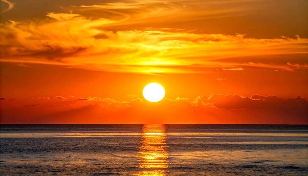 地平線に沈む大きな夕陽と海面に映る黄金の光のドラマチックな風景写真