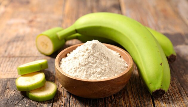 Wooden bowl of green banana flour with bananas.