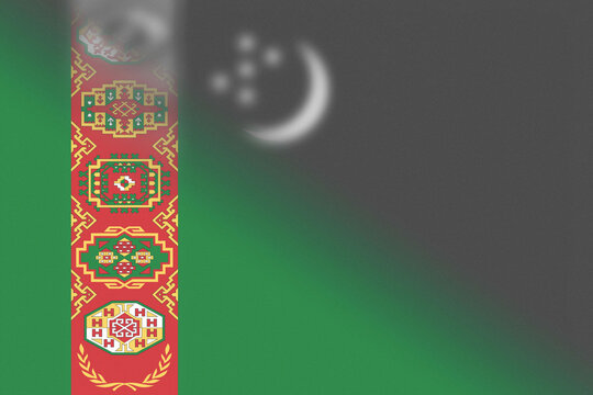 National Flag of Turkmenistan with Traditional Carpet Guls, Crescent Moon, and Five Stars, Symbolizing the Nations Rich Heritage and Independence