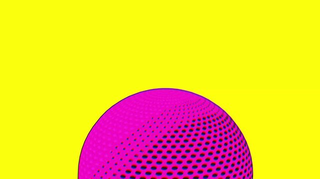 Close up of a pink sphere with halftone pattern texture against a yellow background in a macro 3D render with comic book aesthetic