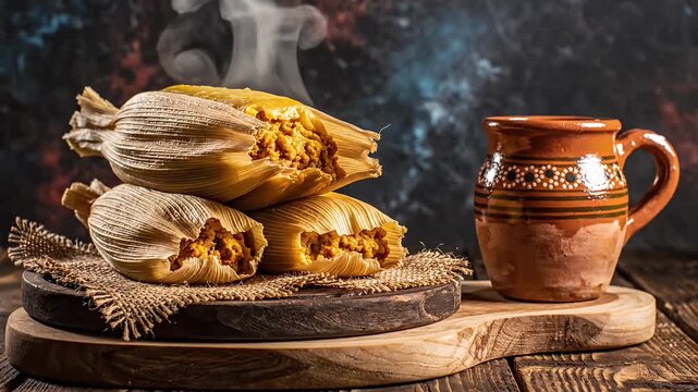 Steaming hot tamales and traditional Mexican mug on rustic wooden table