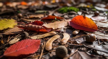 Obraz premium Colorful Autumn Leaves and Small Snails on Forest Floor in Morning Light